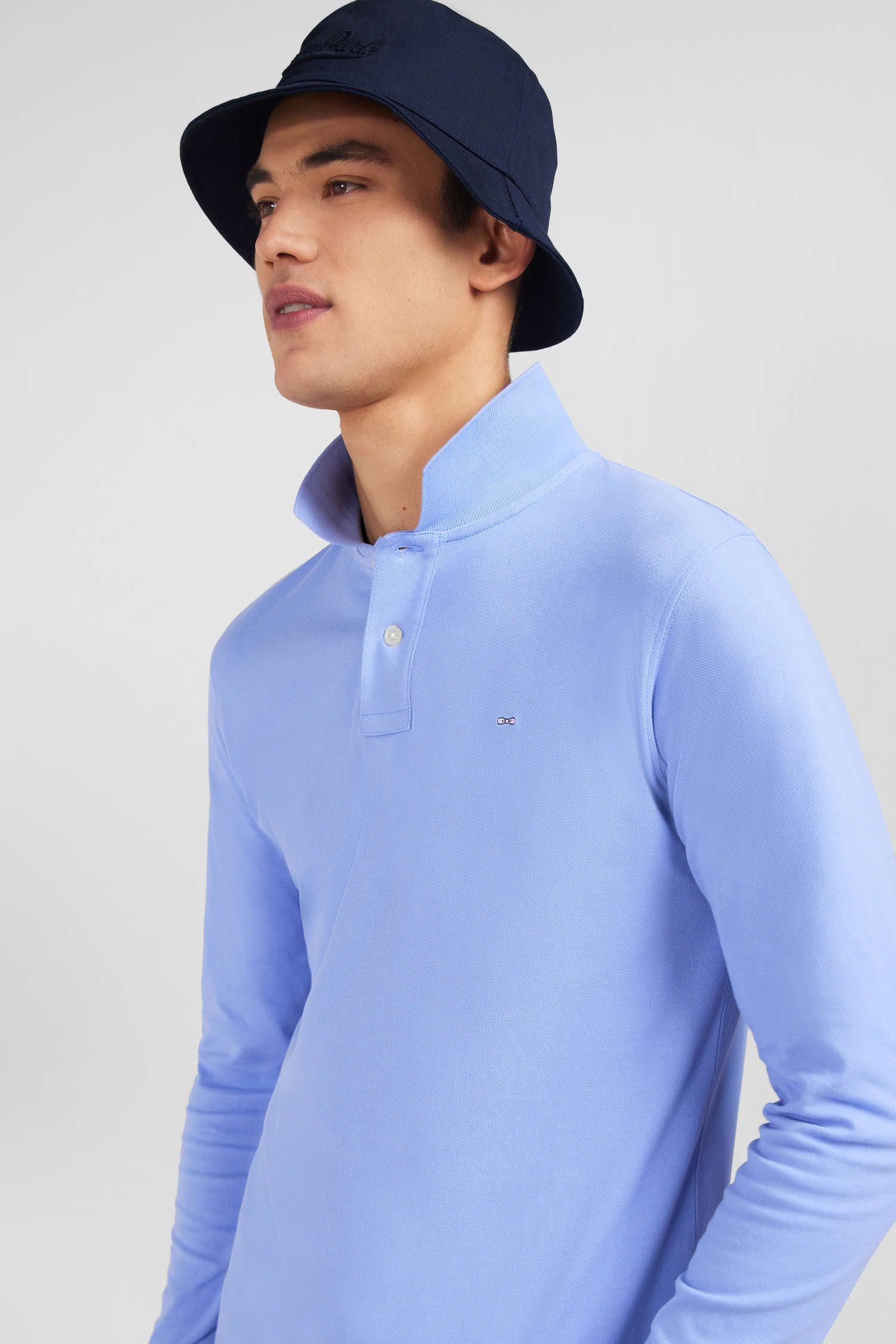 Polo manches longues bleu uni en piqué de coton stretch - Image 3