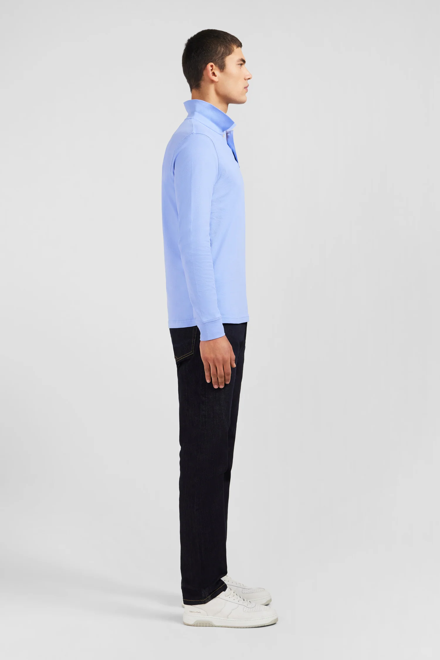 Polo manches longues bleu uni en piqué de coton stretch - Image 5