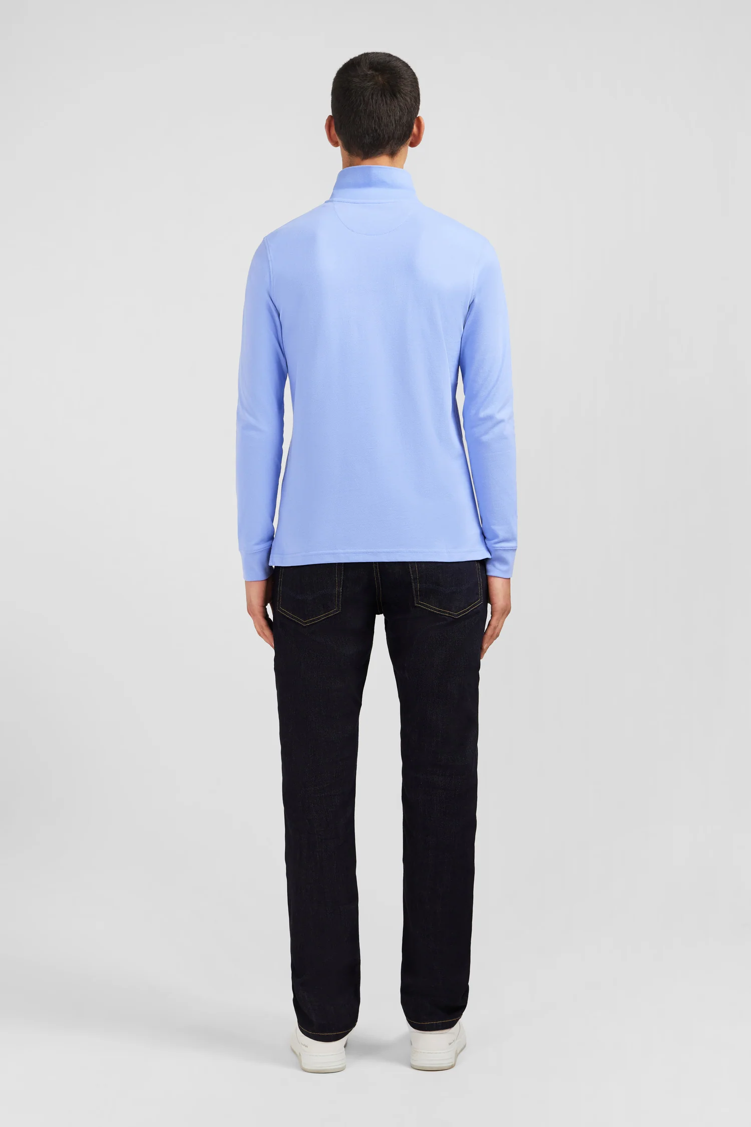 Polo manches longues bleu uni en piqué de coton stretch - Image 6