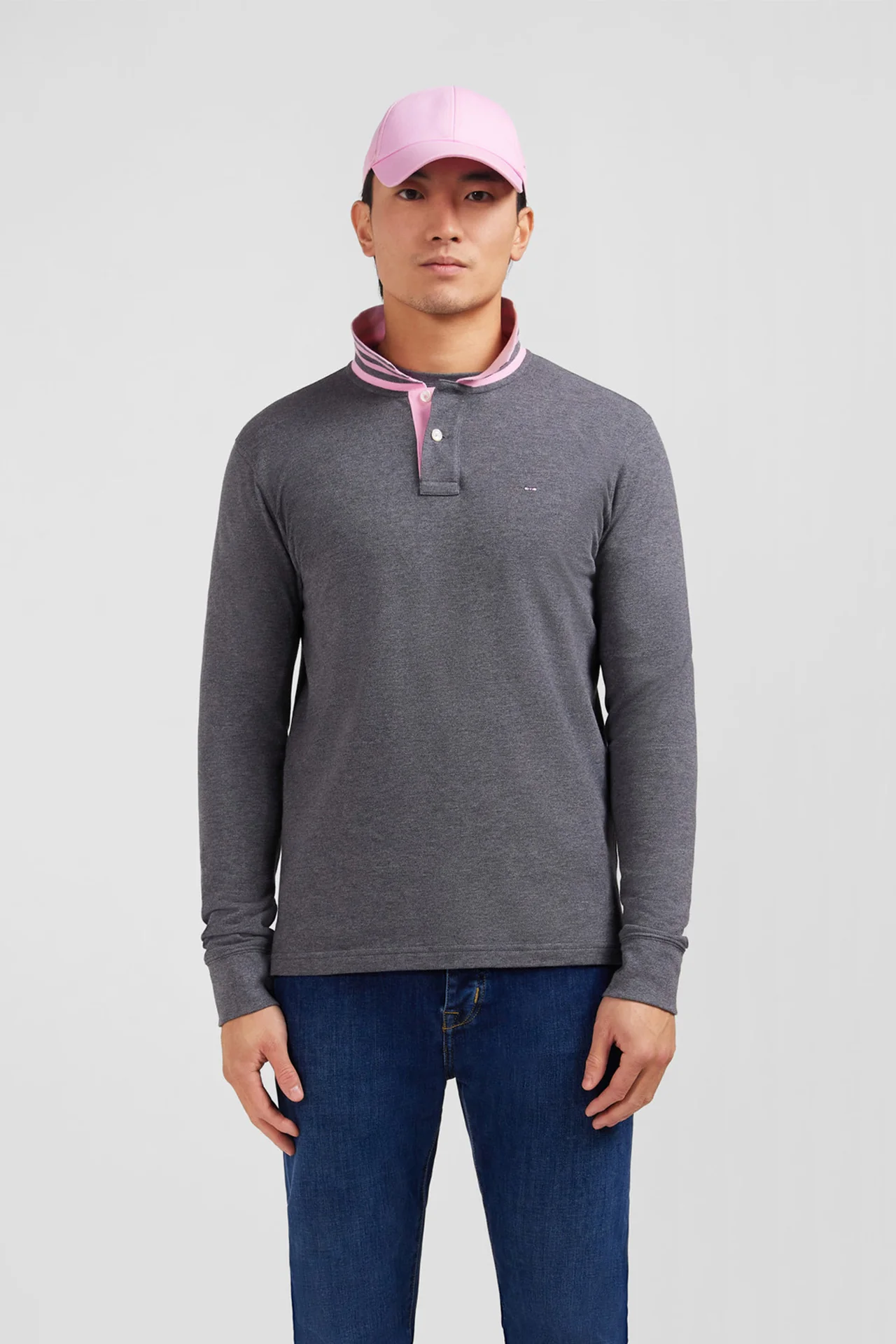 Polo manches longues gris en coton avec col contrasté