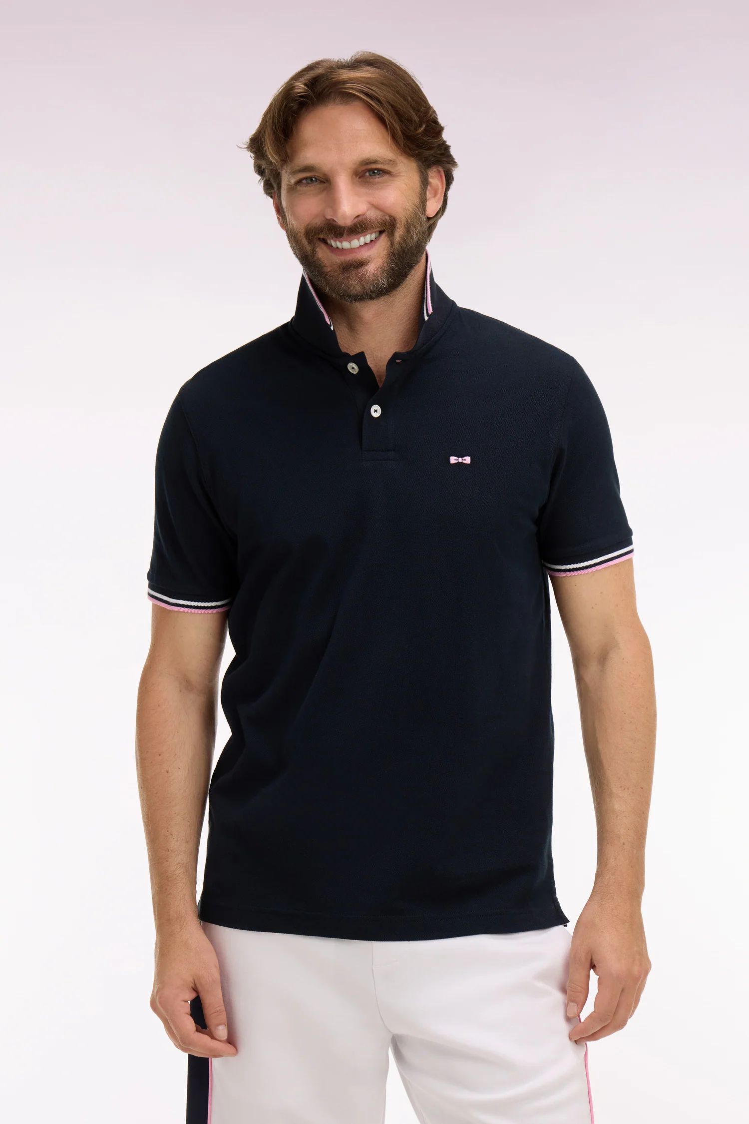Polo manches courtes en coton marine détails rayés coupe regular - Image 3