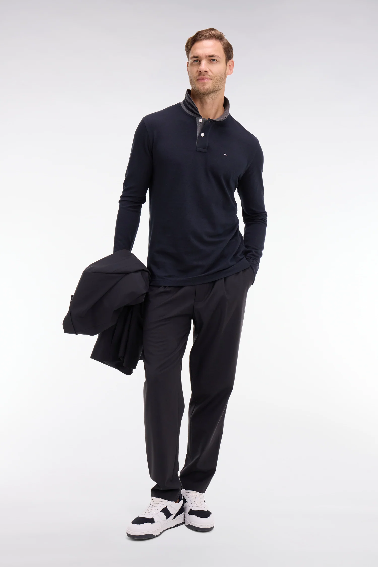 Polo manches longues noir en coton avec col contrasté