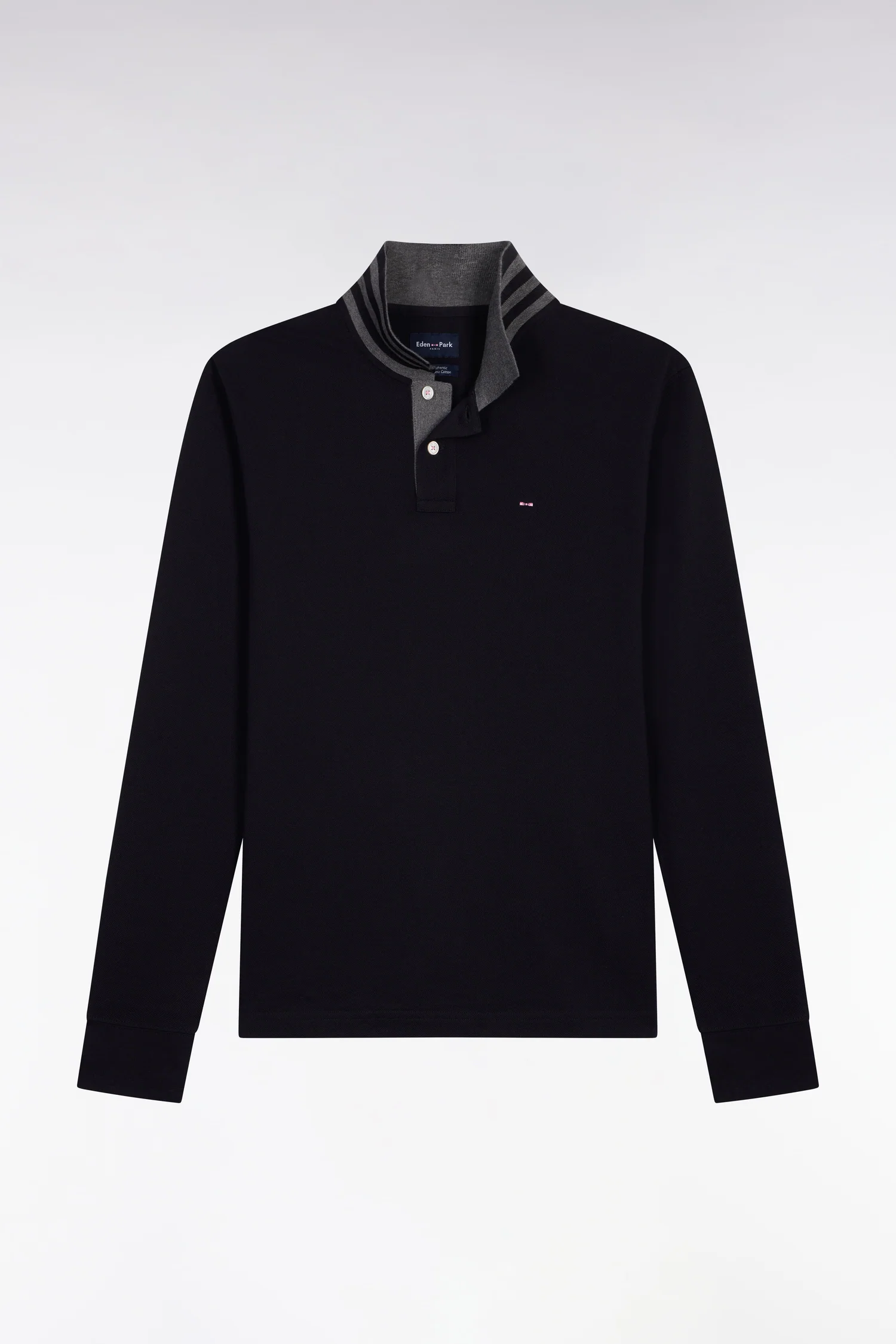 Polo manches longues noir en coton avec col contrasté - Image 2