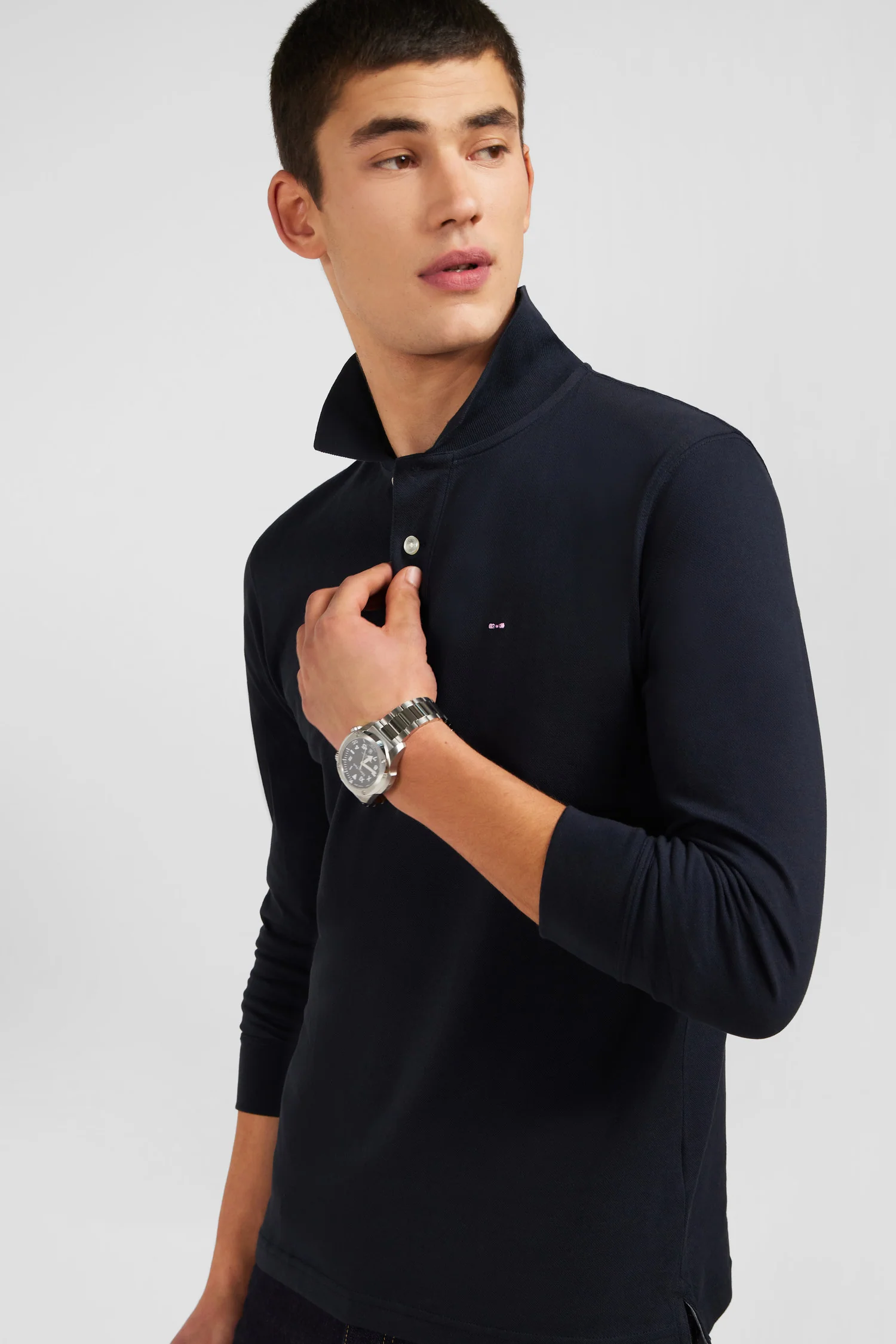 Polo manches longues noir uni en piqué de coton stretch - Image 3