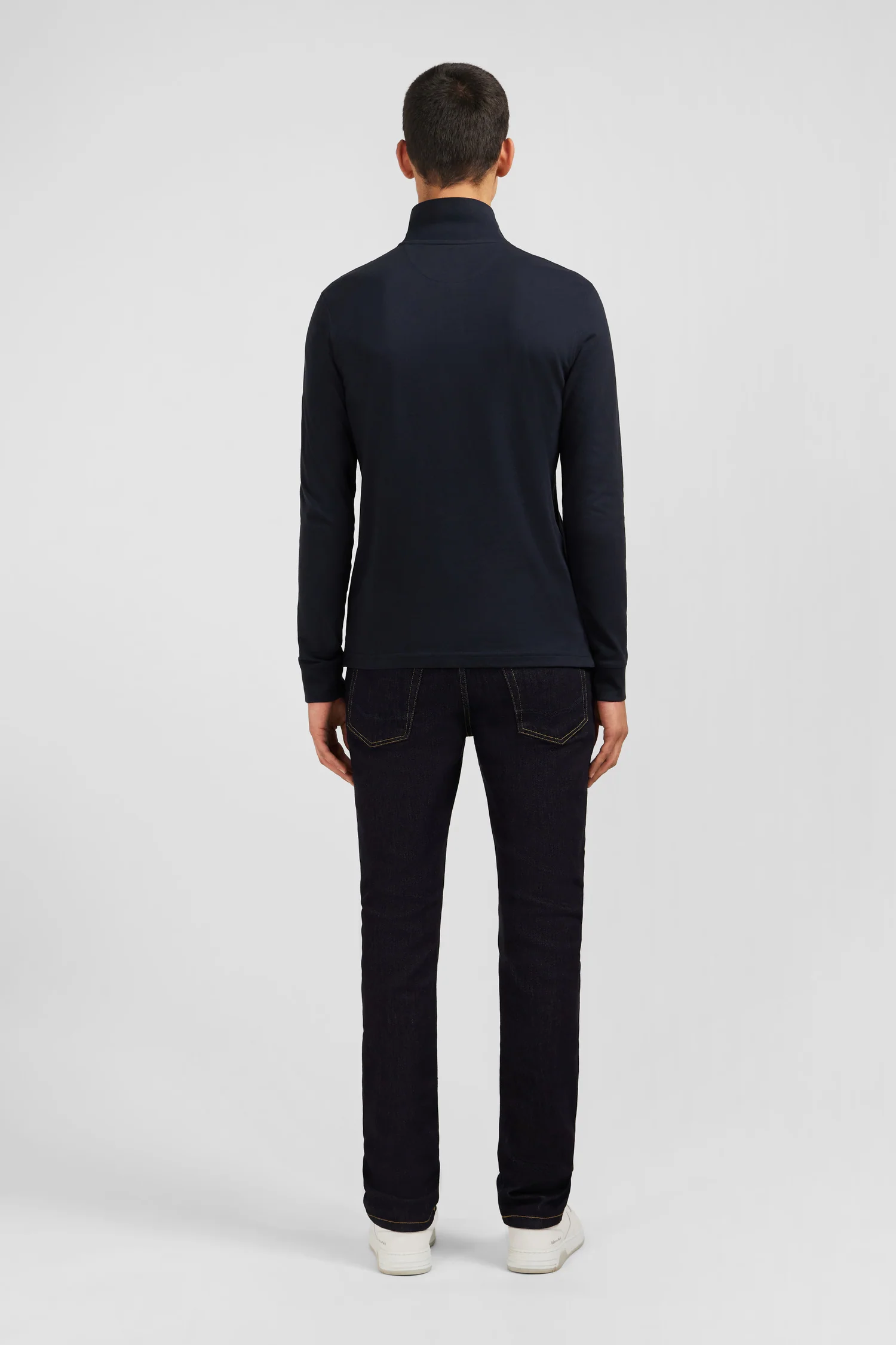 Polo manches longues noir uni en piqué de coton stretch - Image 6