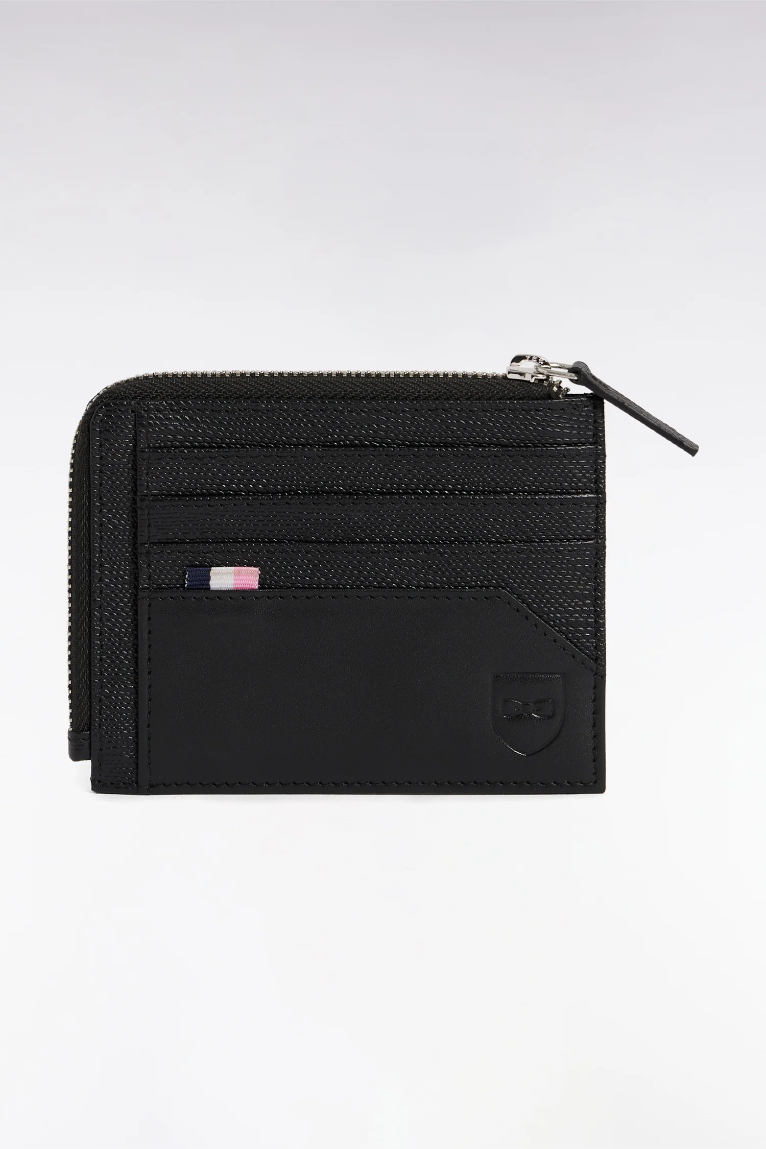 Porte-cartes bimatière zippé en cuir noir