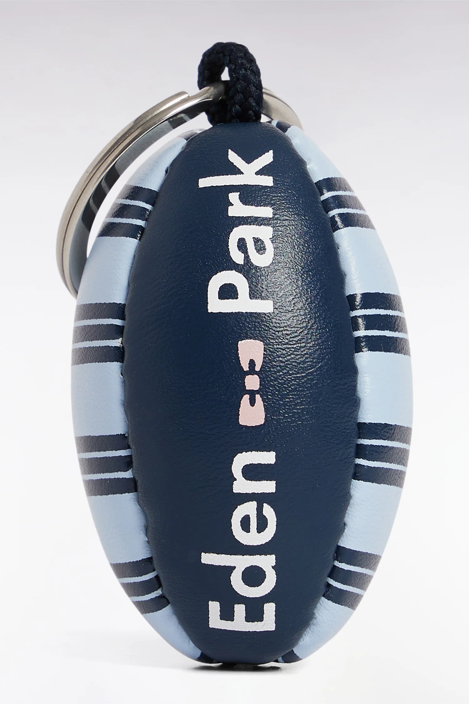 Porte-clés ballon de rugby à rayures ciel et marine
