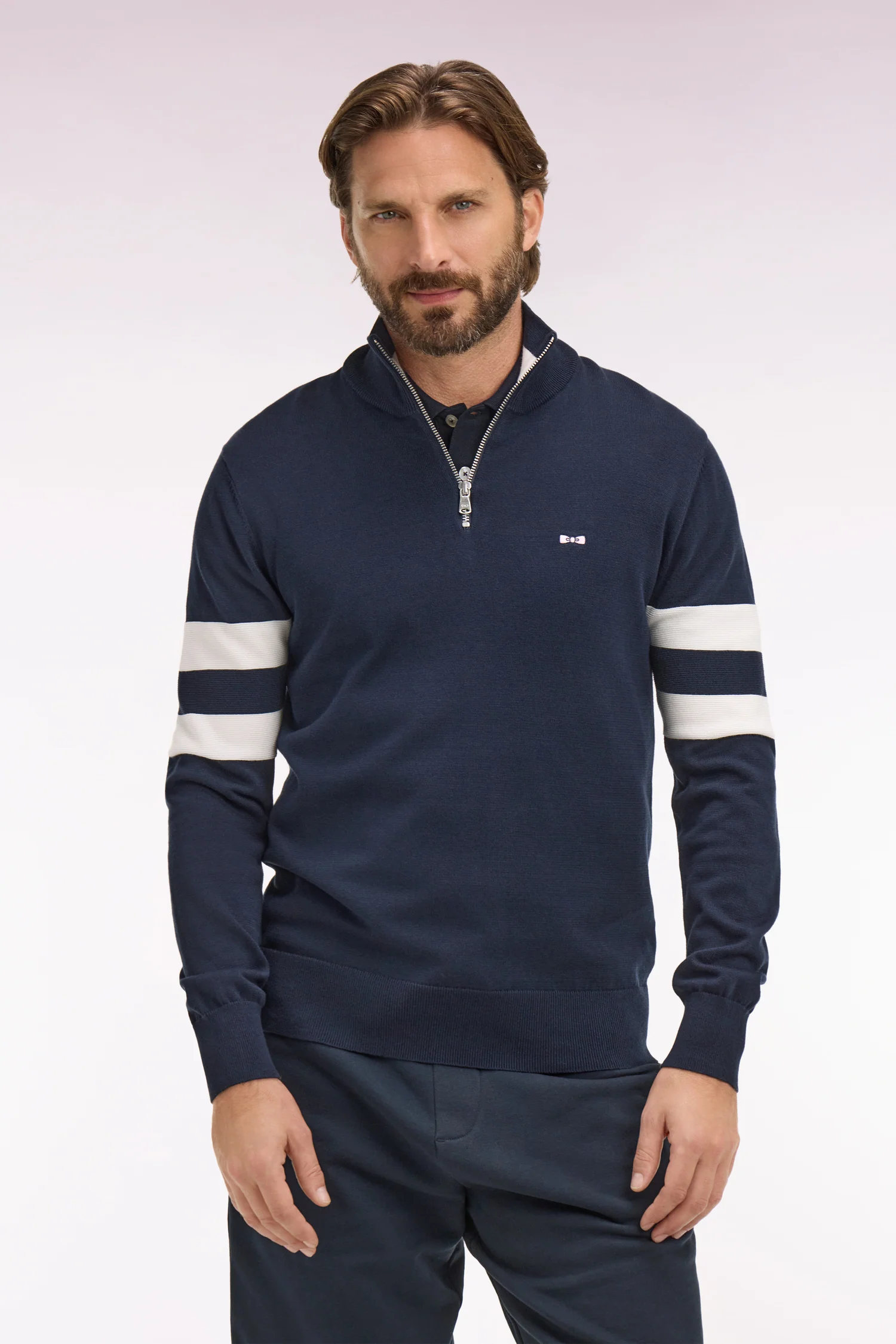 Pull col maillot en coton marine à double rayures manches