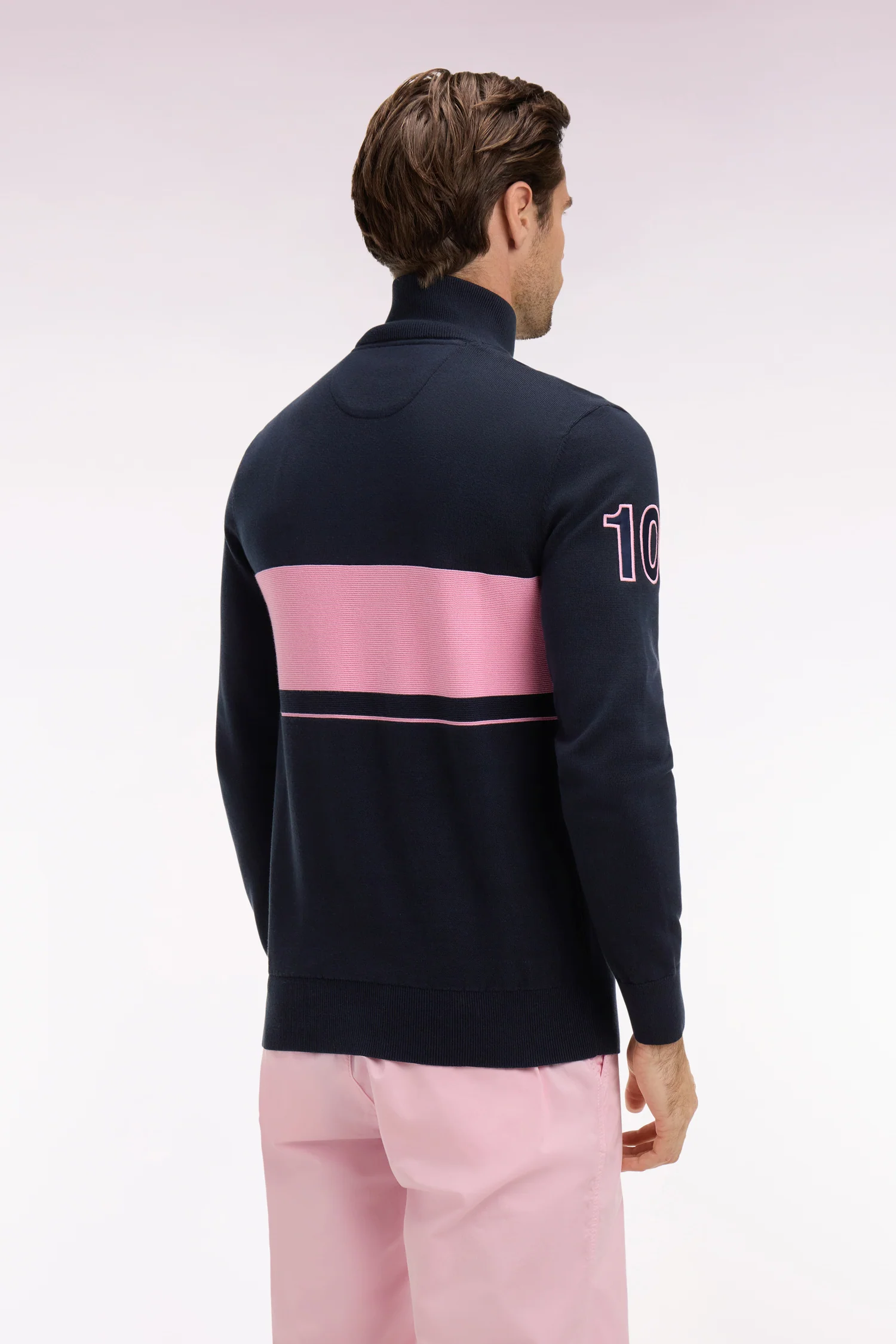 Pull col maillot en coton marine à rayure rugby rose - Image 5