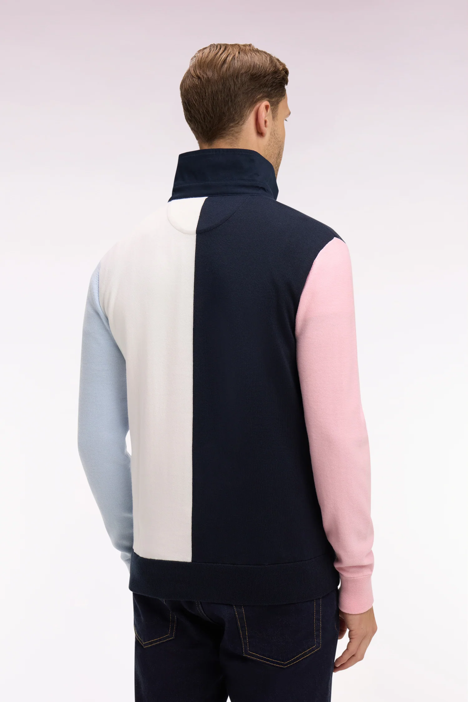 Pull col maillot en coton marine et blanc à manches contrastées - Image 5