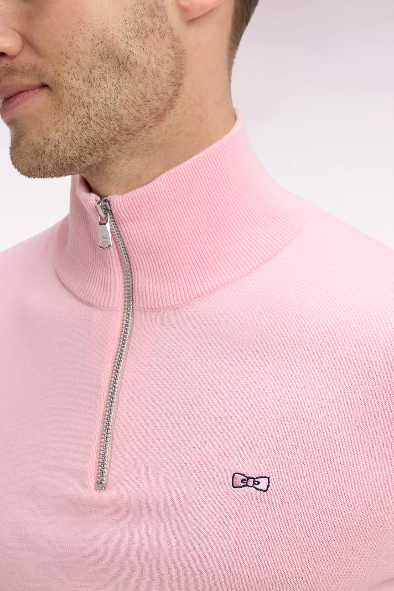 Pull col maillot en coton rose à double rayures manches - Image 4