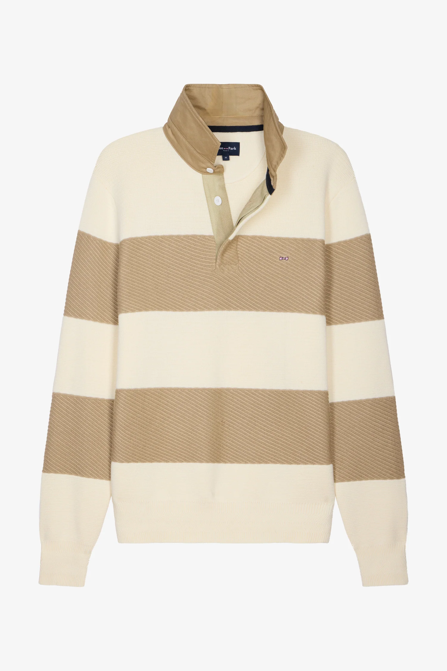 Pull col maillot rayé en coton écru et beige - Image 2