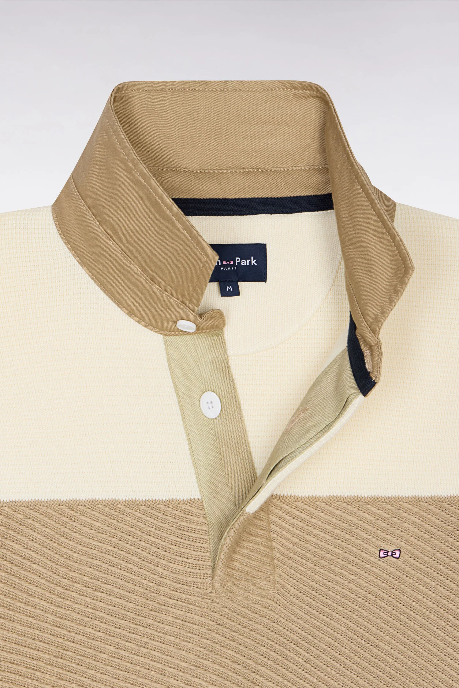 Pull col maillot rayé en coton écru et beige - Image 6