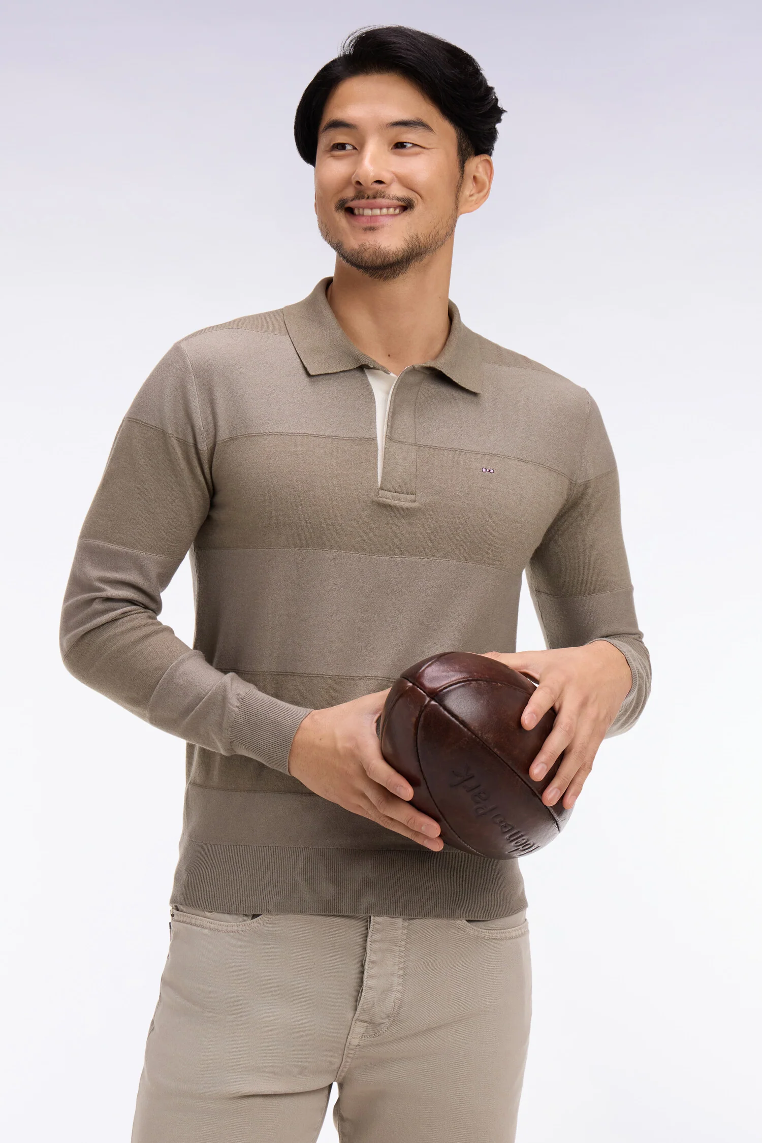 Pull col maillot rayé en coton et lyocell mélangés beige