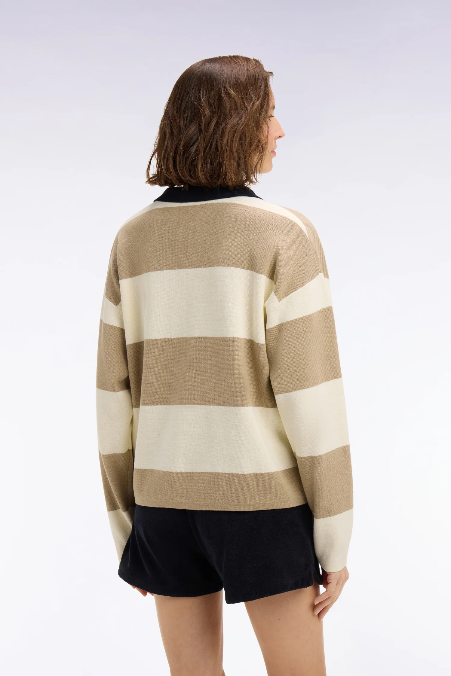 Pull col polo en coton rayé beige et écru coupe oversized - Image 5