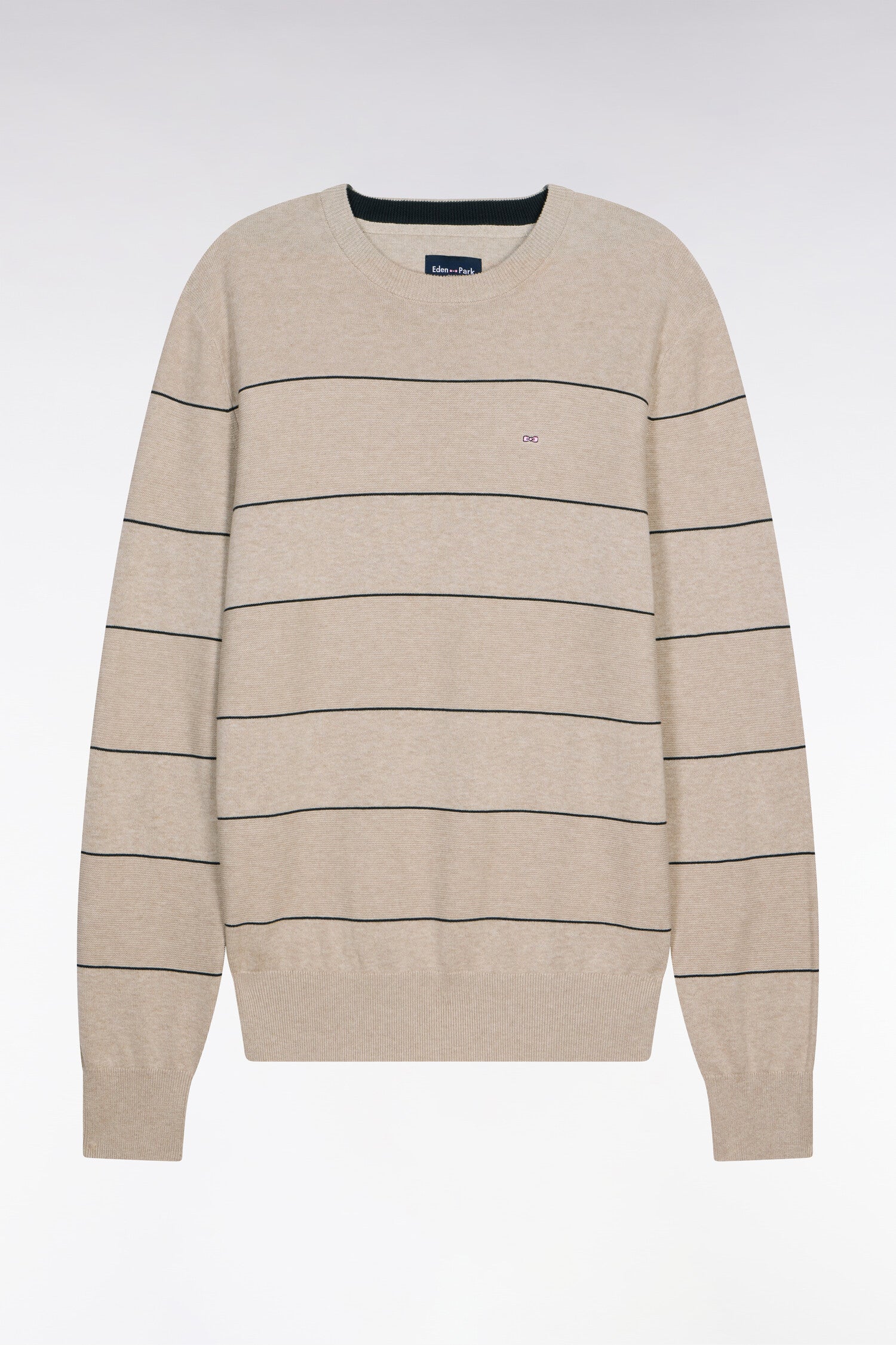 Pull col rond en coton beige rayé - Image 2