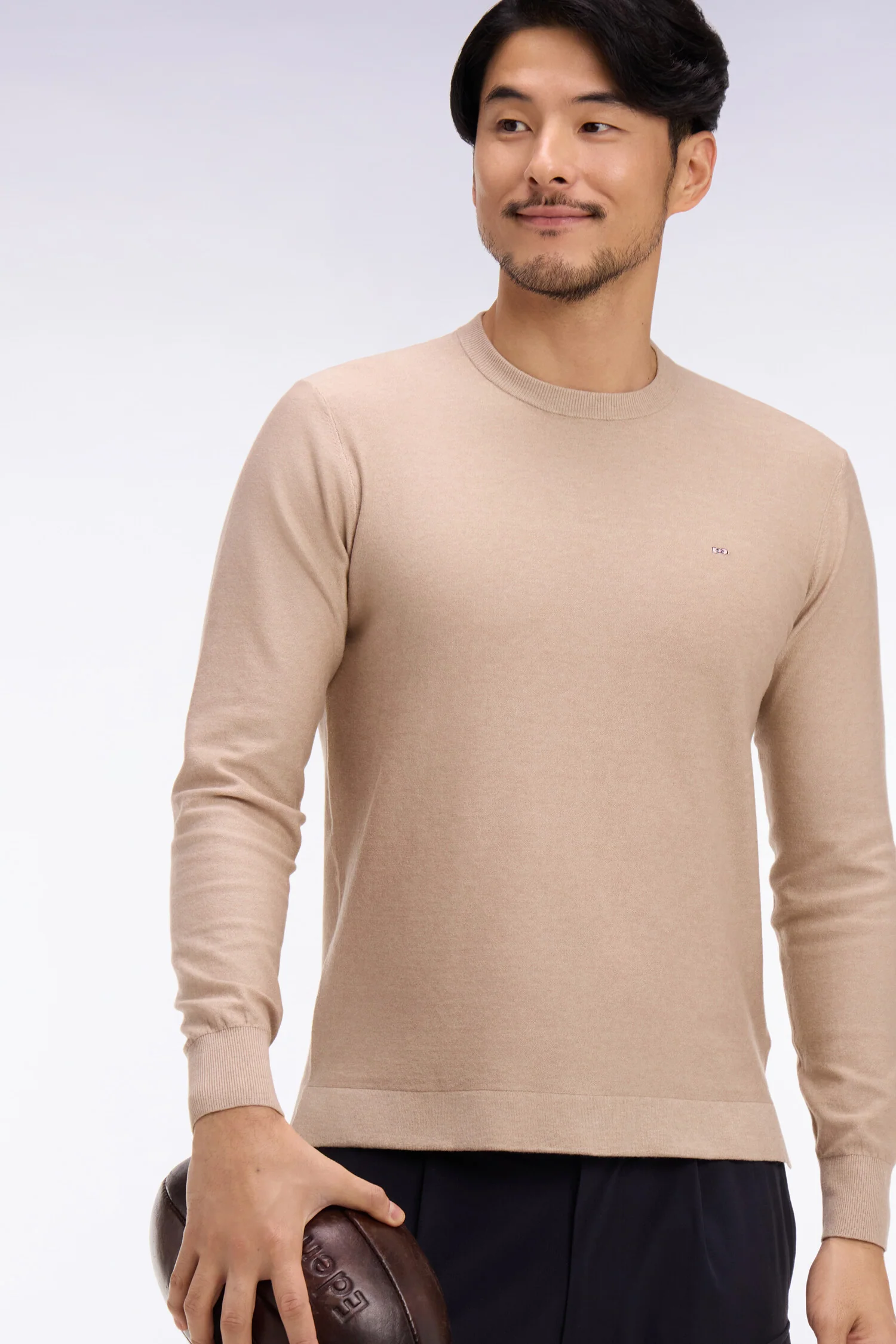 Pull col rond en coton et lyocell mélangés beige