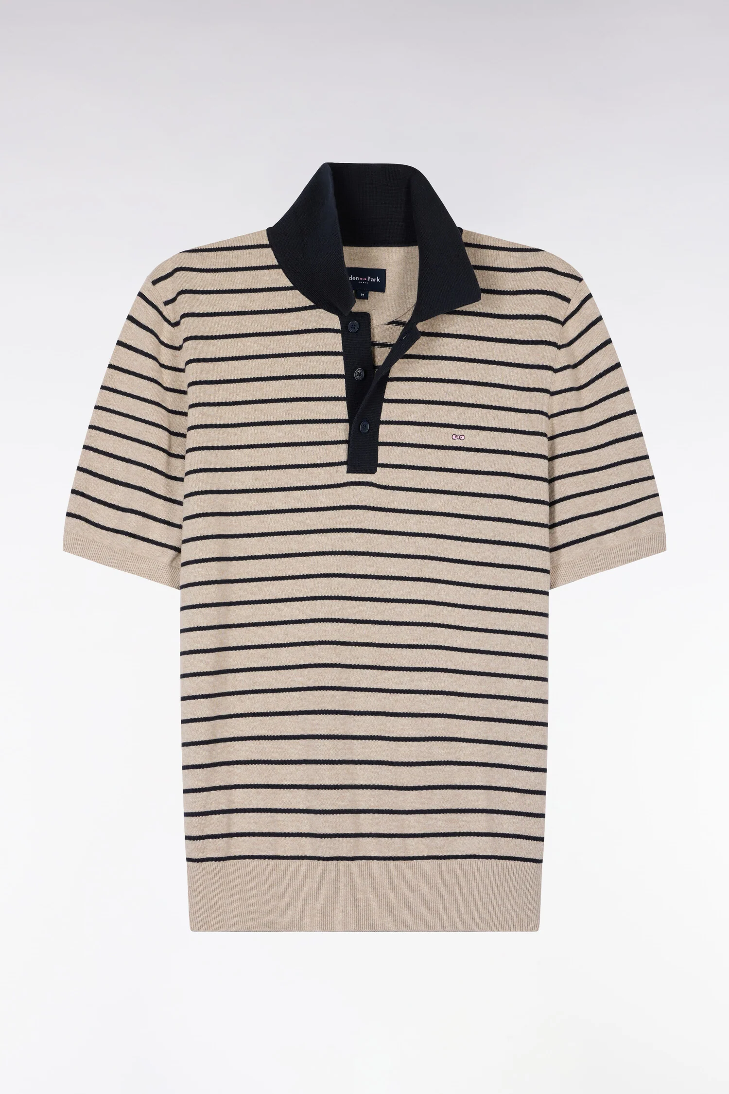 Pull manches courtes à col polo en coton beige rayé - Image 2