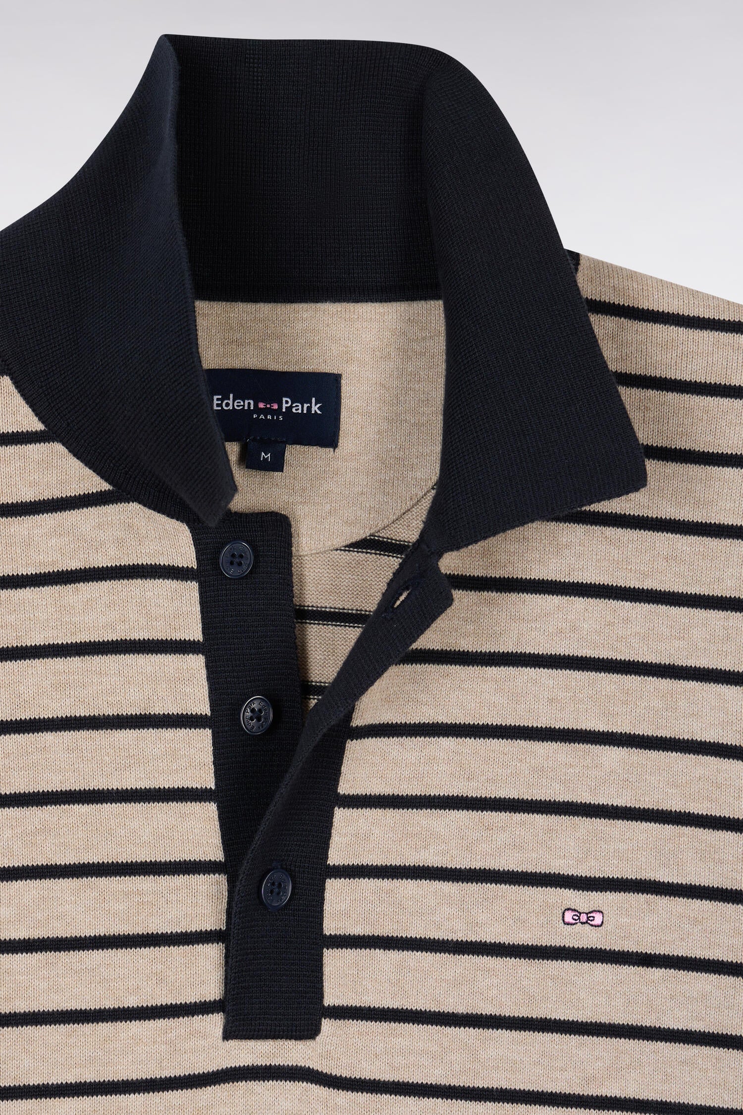 Pull manches courtes à col polo en coton beige rayé - Image 6