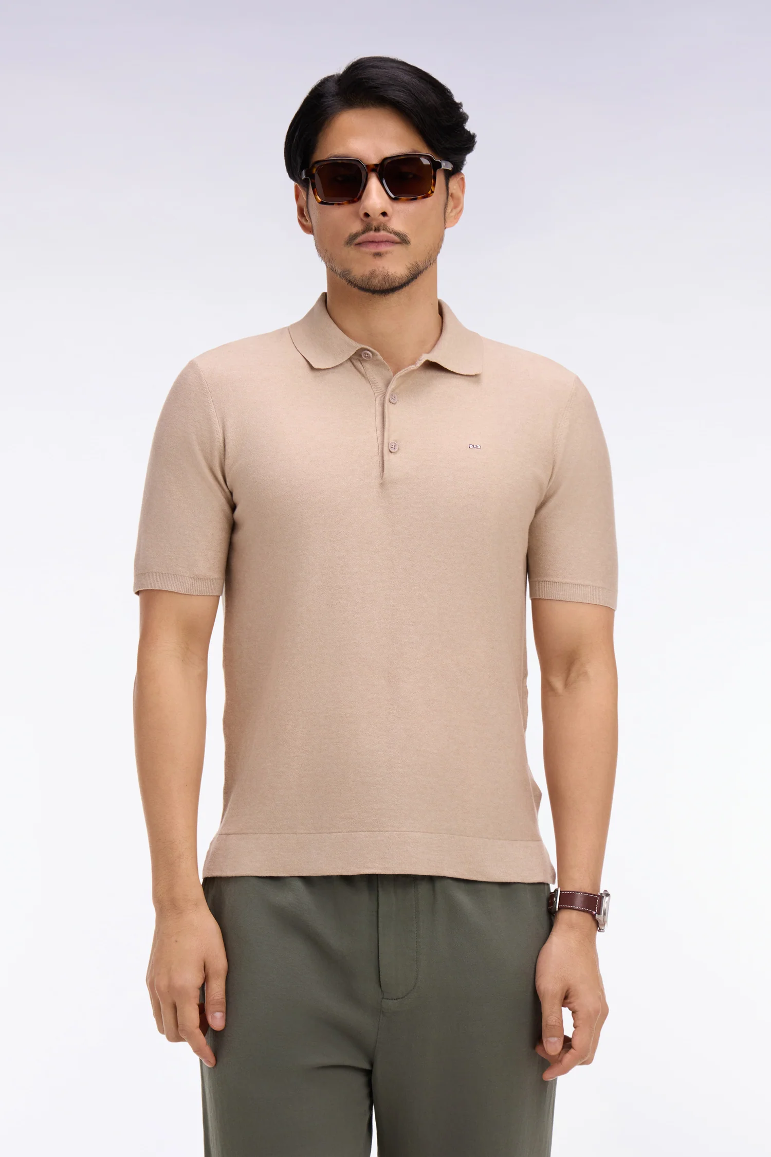 Pull manches courtes à col polo en coton et lyocell mélangés beige - Image 3