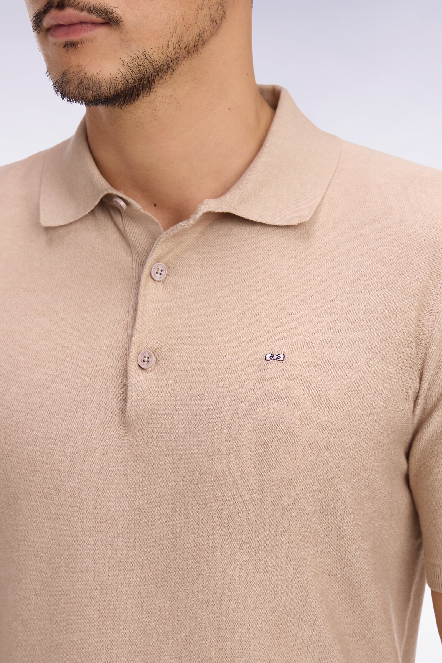 Pull manches courtes à col polo en coton et lyocell mélangés beige - Image 4