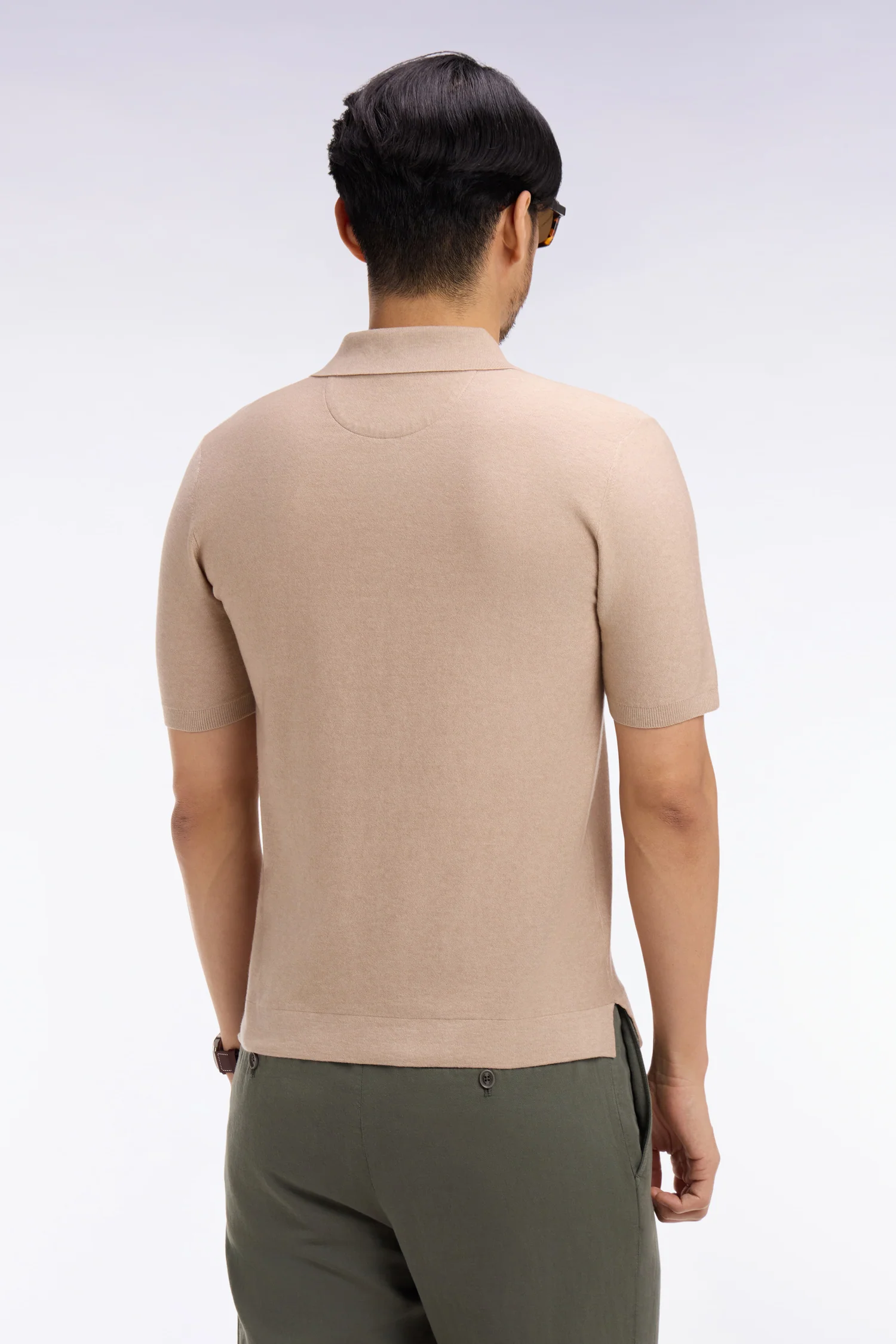 Pull manches courtes à col polo en coton et lyocell mélangés beige - Image 5