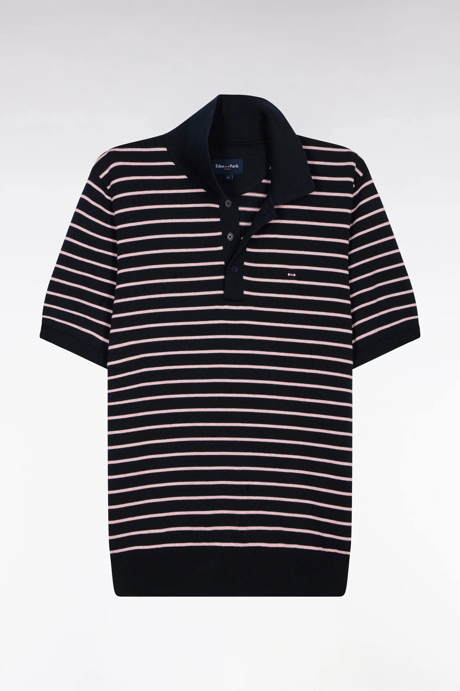 Pull manches courtes à col polo en coton marine rayé - Image 2