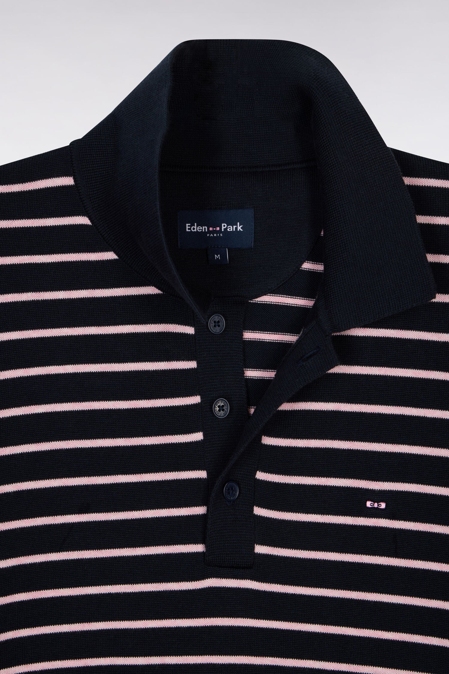 Pull manches courtes à col polo en coton marine rayé - Image 6