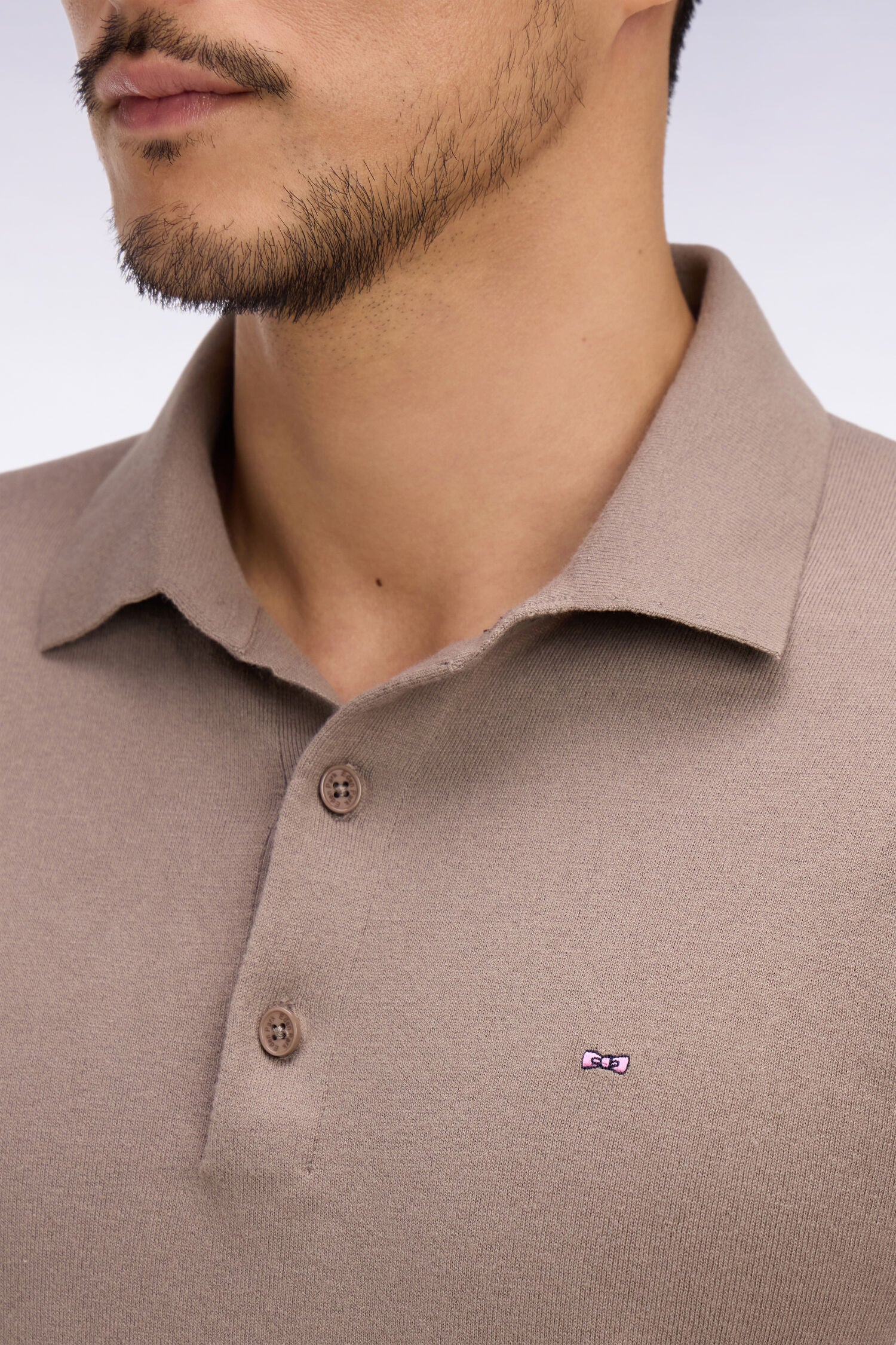 Pull manches courtes col polo en coton et soie mélangés beige - Image 4