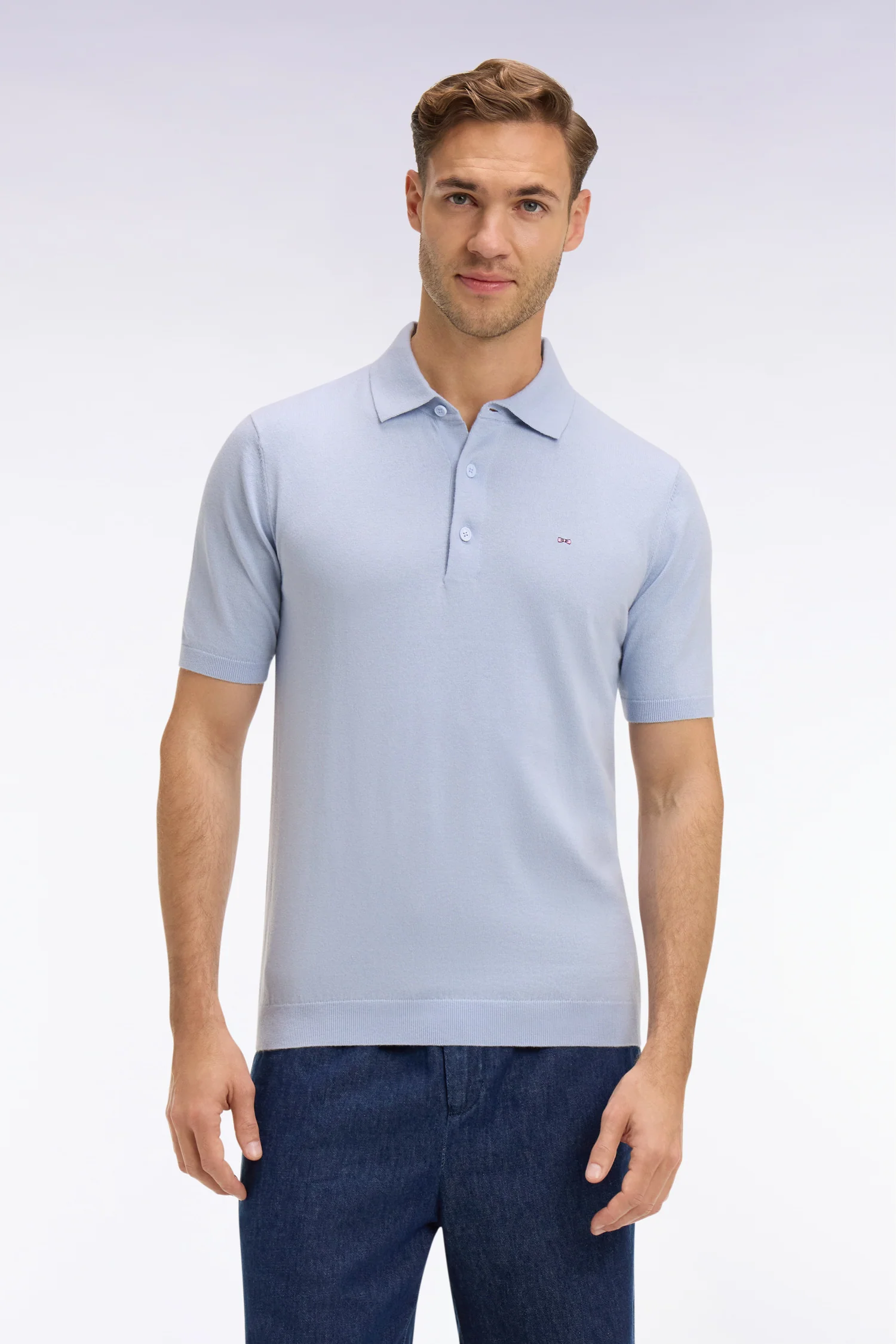 Pull manches courtes col polo en coton et soie mélangés bleu ciel - Image 3