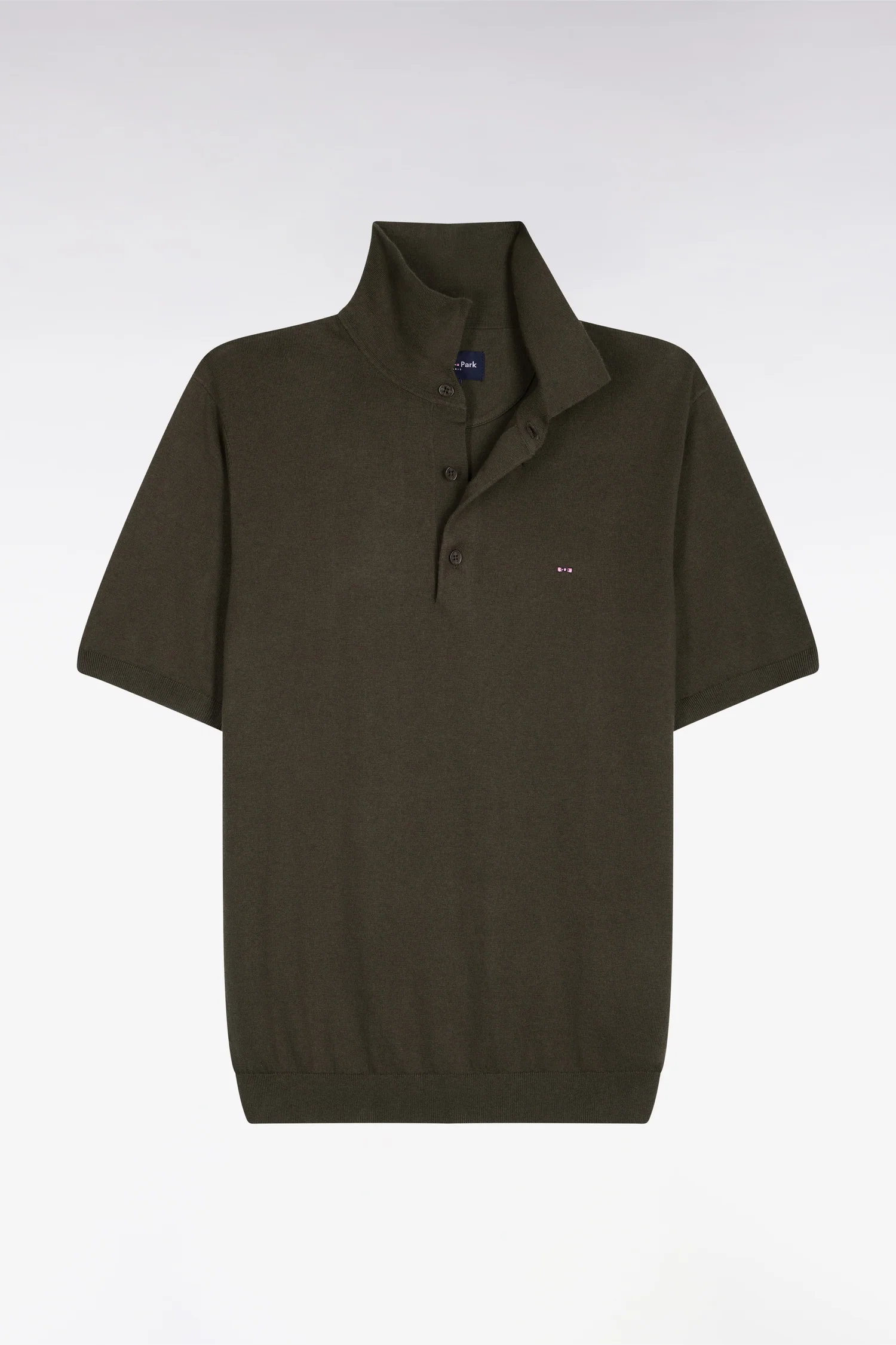 Pull manches courtes col polo en coton et soie mélangés kaki - Image 2