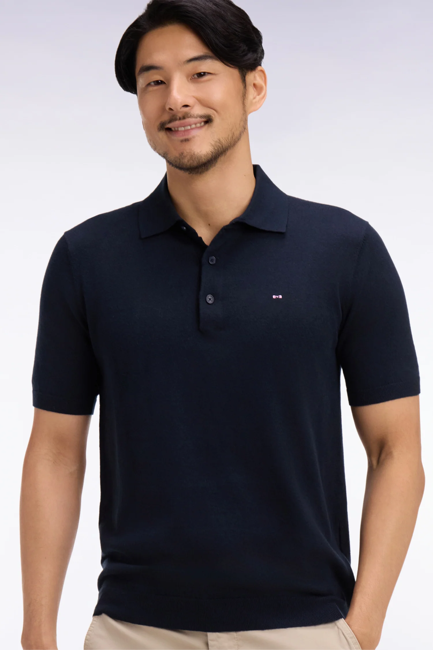 Pull manches courtes col polo en coton et soie mélangés marine