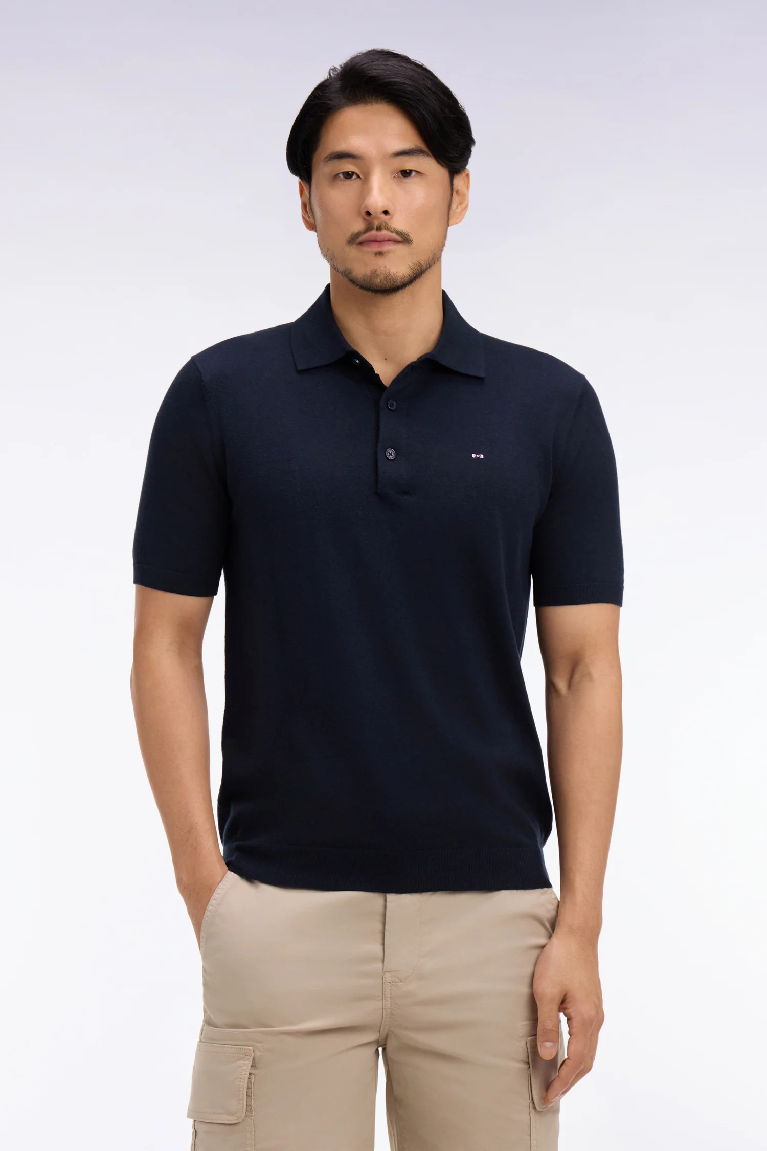 Pull manches courtes col polo en coton et soie mélangés marine - Image 3