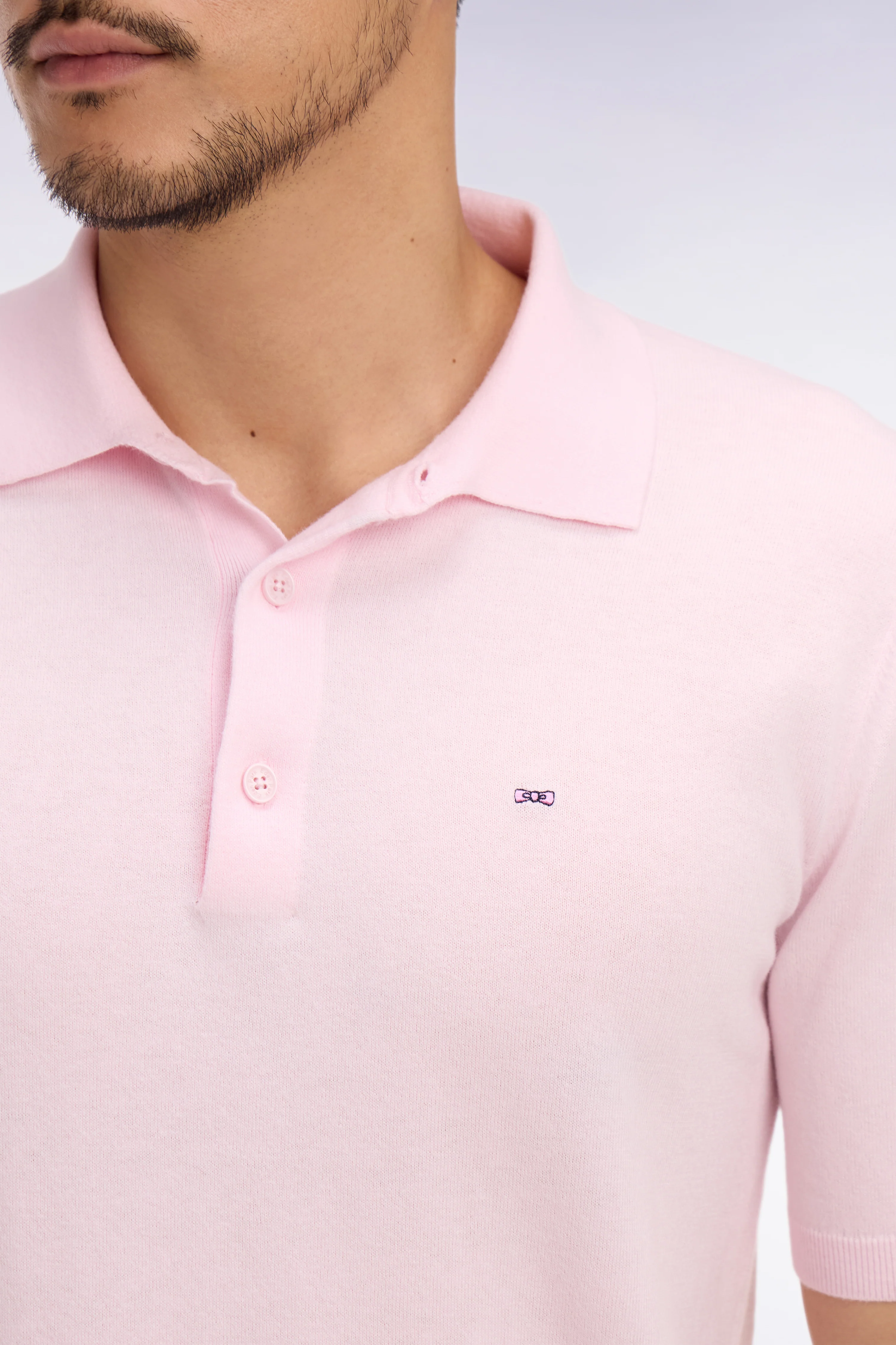 Pull manches courtes col polo en coton et soie mélangés rose - Image 4