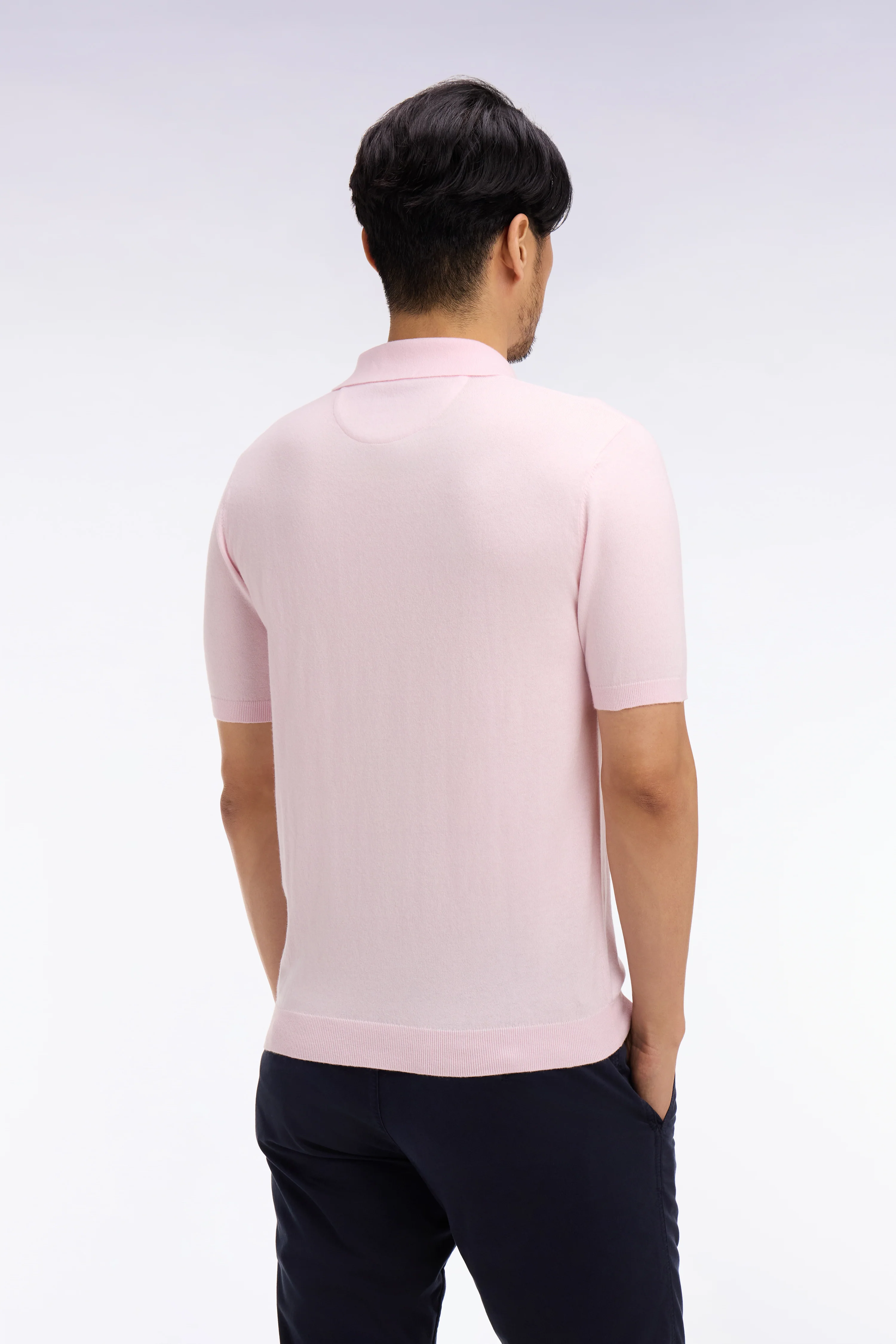 Pull manches courtes col polo en coton et soie mélangés rose - Image 5