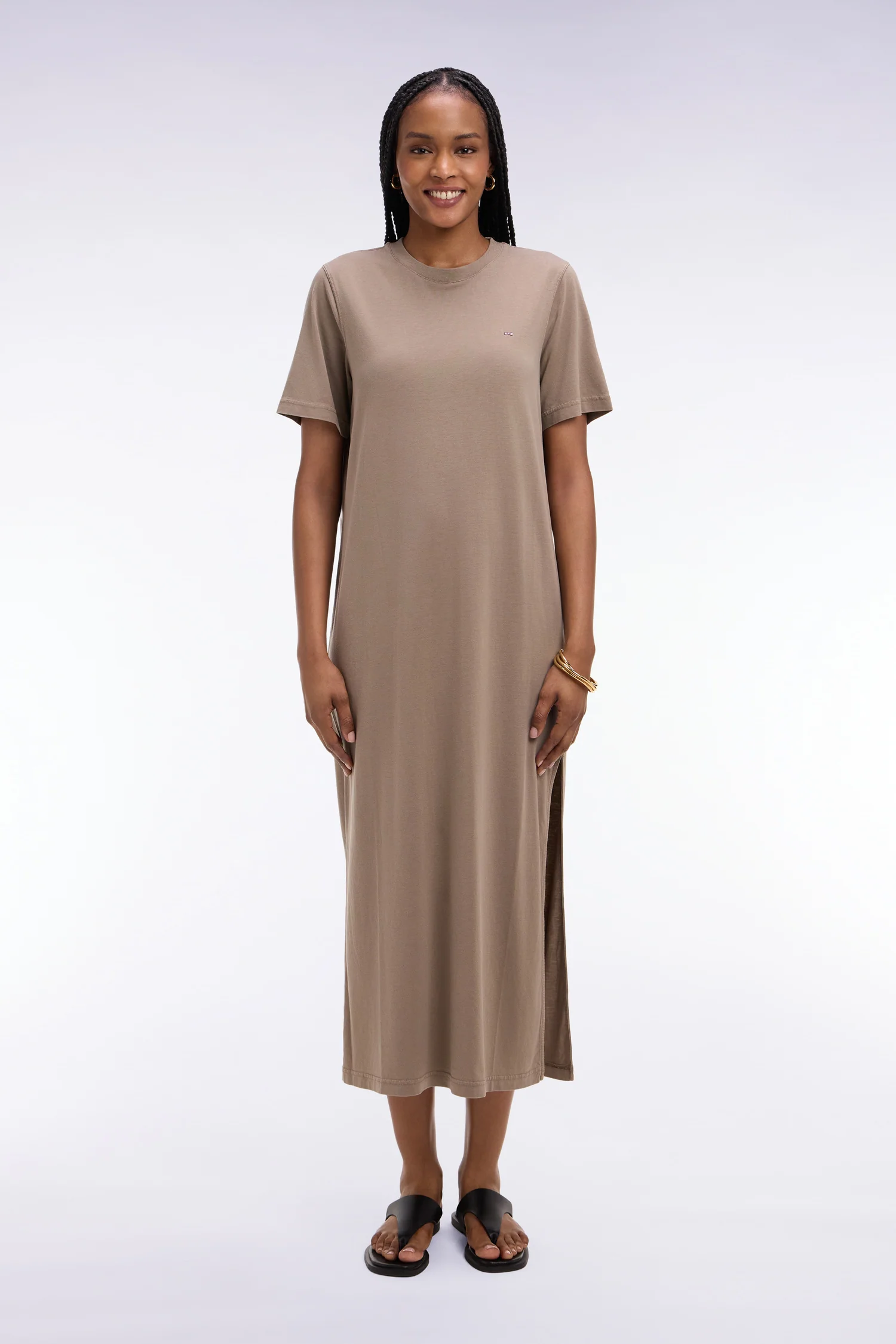 Robe T-shirt en lyocell et coton beige coupe droite - Image 3