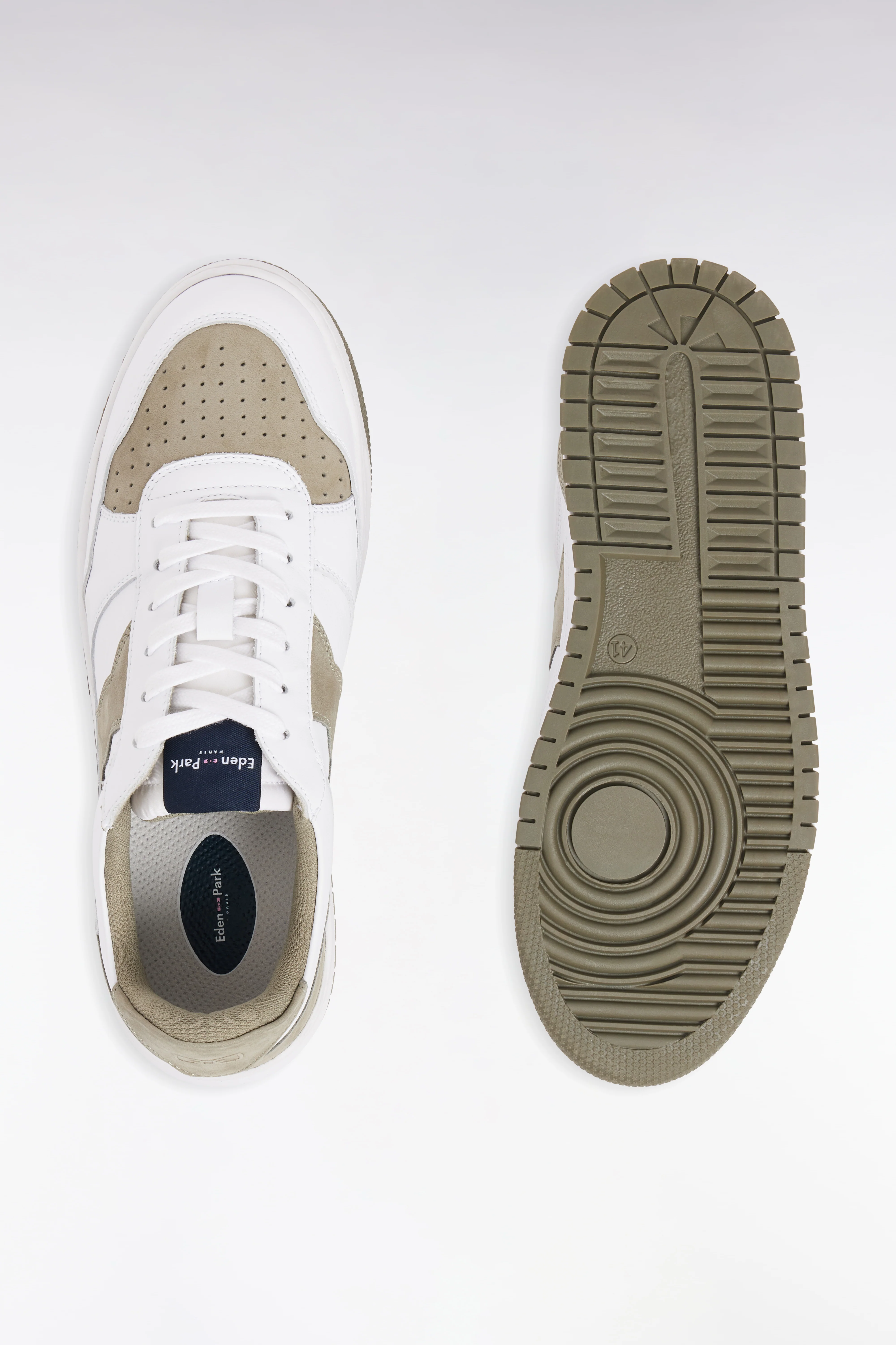Sneakers bicolores en cuir lisse blanc et cuir suédé kaki - Image 3
