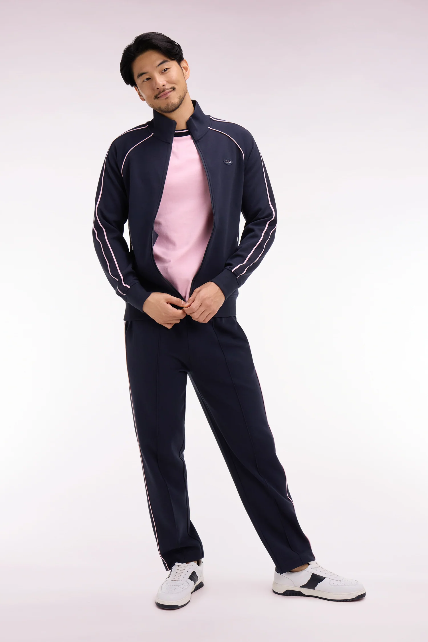 Sweatshirt zippé en interlock marine découpe ruban coupe regular