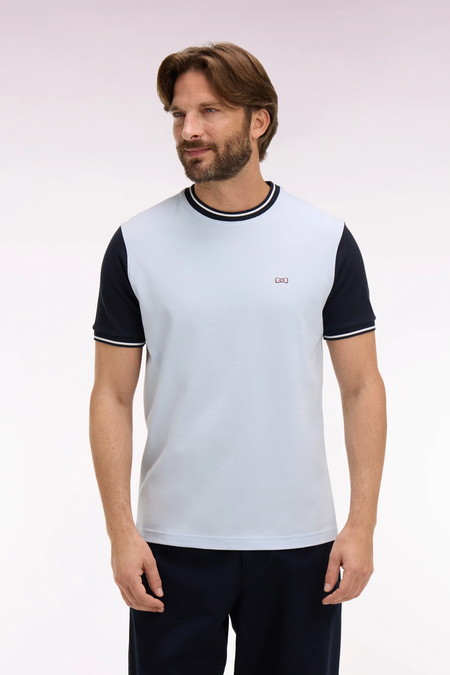 T-shirt à manches courtes en coton ciel bicolore brodé coupe regular - Image 3