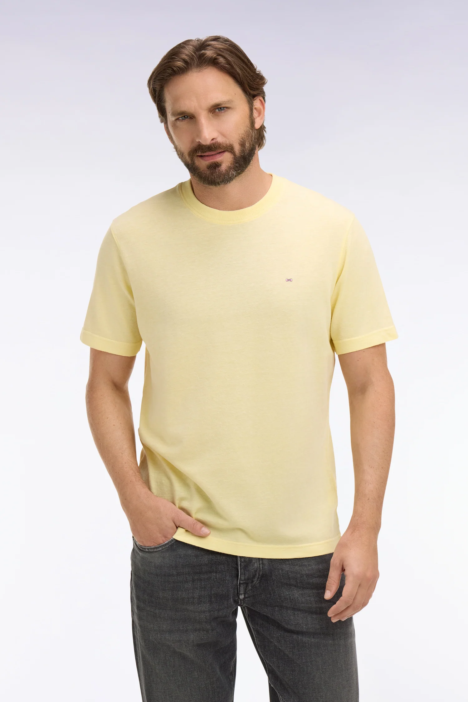 T-shirt à manches courtes en coton et lin jaune coupe regular - Image 3
