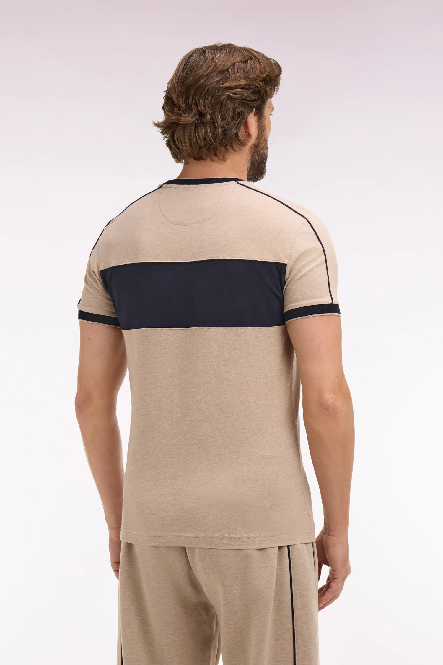 T-shirt à manches courtes en coton stretch beige à découpes coupe slim - Image 5