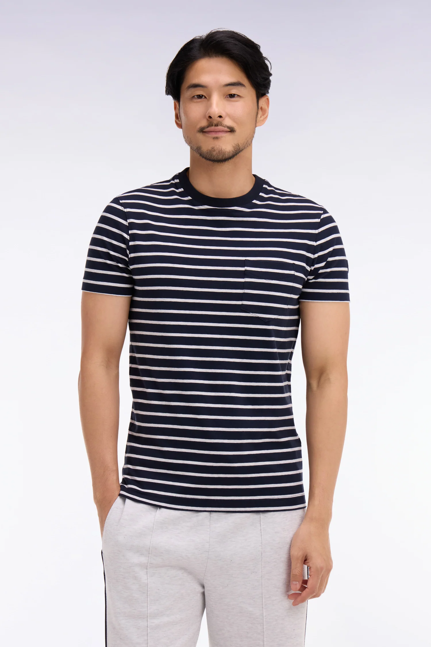 T-shirt à manches courtes en coton stretch rayé gris clair coupe slim - Image 3