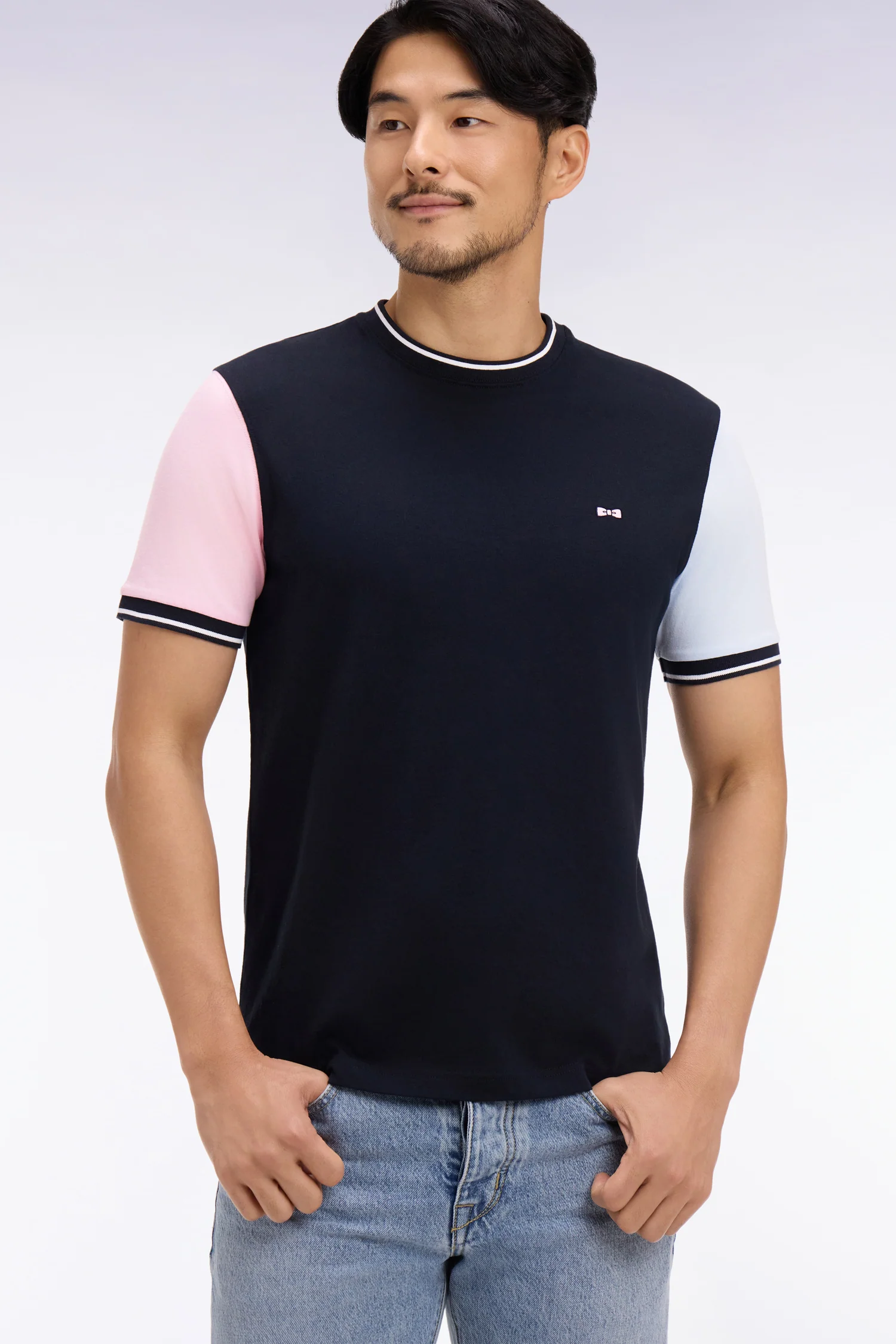 T-shirt à manches courtes en coton tricolore brodé coupe regular