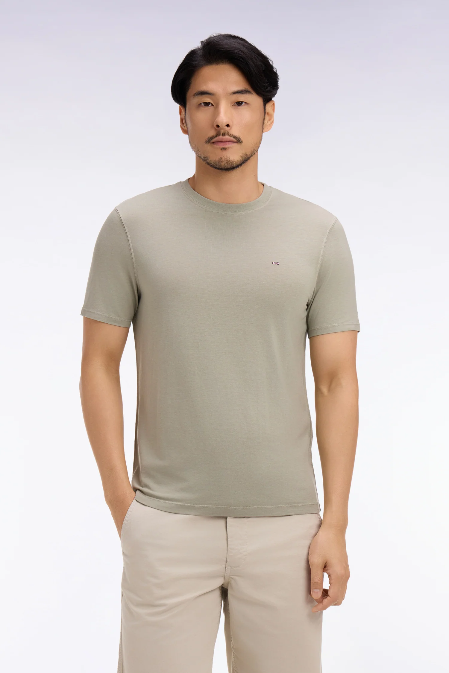 T-shirt à manches courtes en lyocell et coton kaki clair coupe regular - Image 3